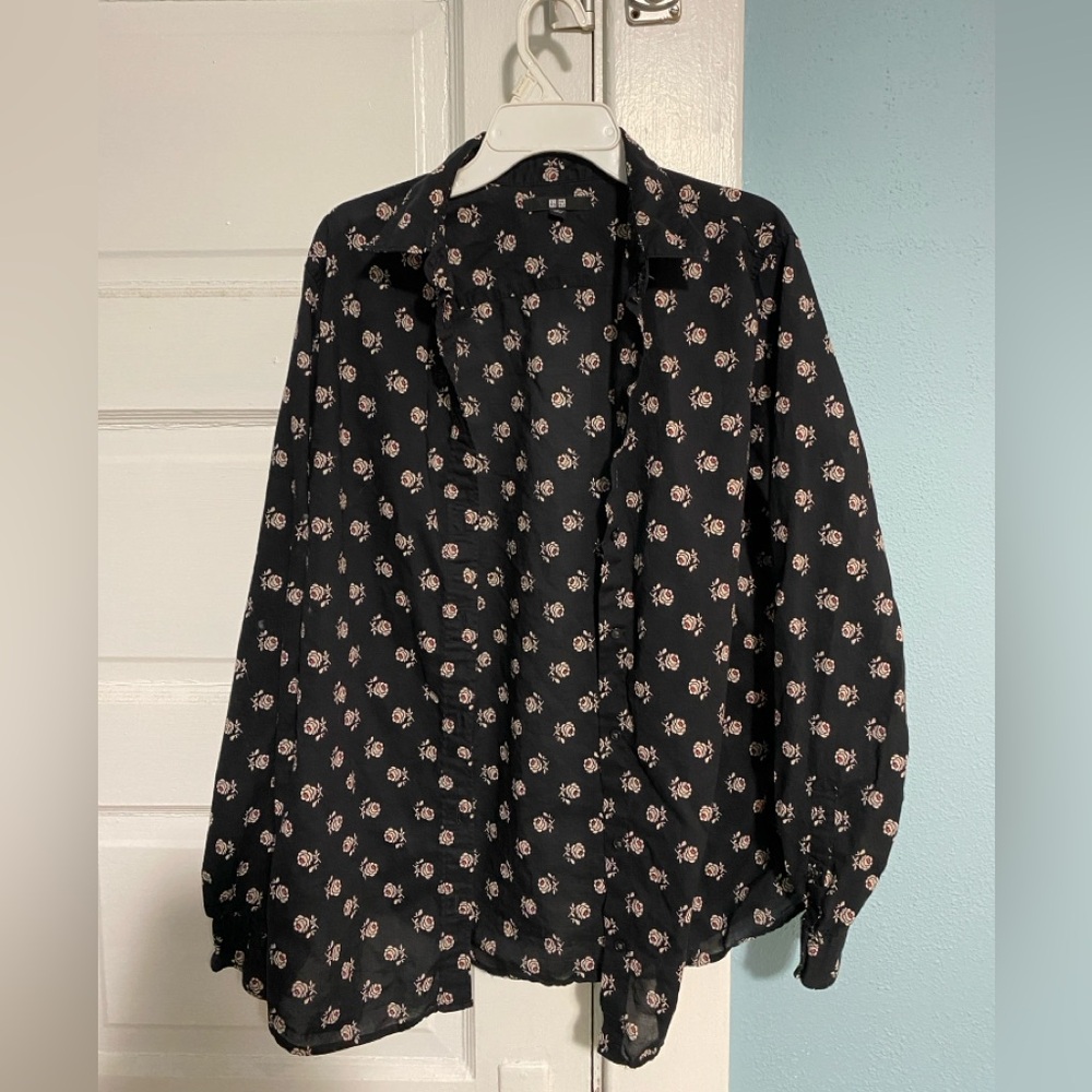 Black Rose Floral Uniqlo Long Sleeve Button Down Blouse